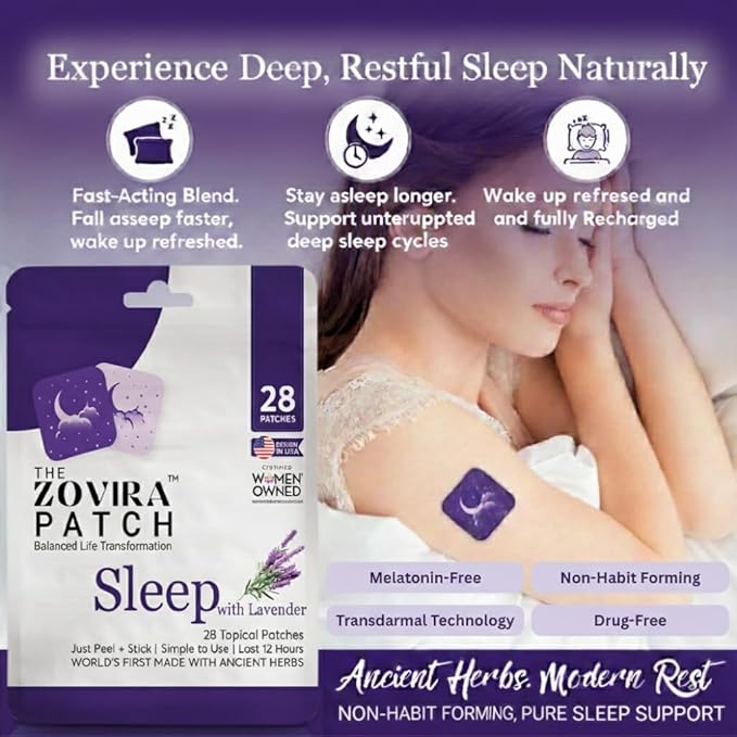 Zovira Sleep Patches for Adults Melatonin Free with Lavender Ashwagandha &amp Magnesium Patch | Easy-to-Apply Aromatherapy to Relax &amp Wake Up Refreshed | Long-Lasting Night Comfort | 28 Patches
