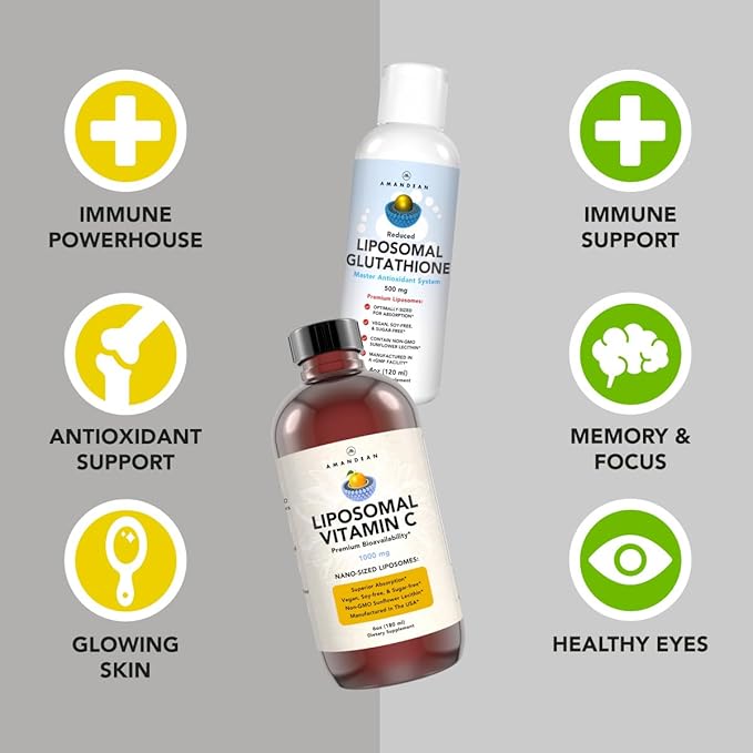 Antioxidant Bundle - Liposomal Vitamin C Quali®-C 1000mg + Liposomal Glutathione Setria® 500mg - Non-GMO Vegan Liquid Formulas for Immune Support Radiant Skin &amp Graceful Aging. Soy Free.