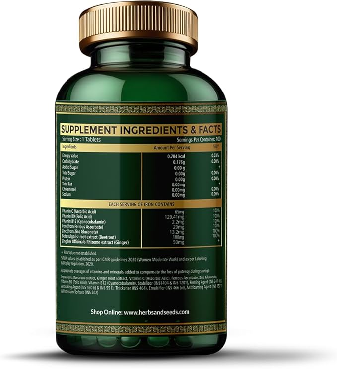 HERBS &amp SEEDS Extra-Strength Chelated Iron Highly Highly-Absorbable Iron Supplement for Women &amp Men 65 mg for Healthy Red Blood Cell Production Gluten-Free Non-GMO Dairy-Free Vegan 120 P