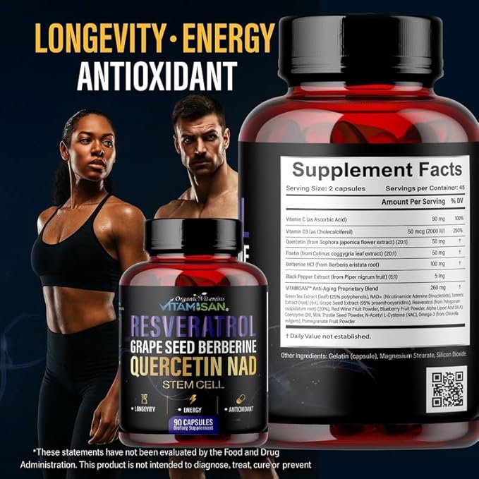VITAMISAN Resveratrol NAD+ Quercetin Berberine &amp Grape Seed – Antioxidant Energy Formula – 2 Bottles (180 Capsules) Stem Cell Suplement NMN Nicotinamide Riboside – Made in USA
