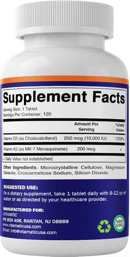 Vitamatic Vitamin D3 K2 Supplements with 10000 IU Vitamin D + 200mcg Vitamin K MK-7 120 Tablets Bone Heart Immune &amp Calcium Support - 2 Pack