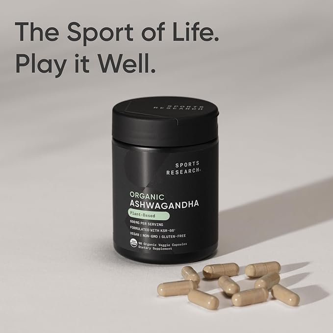 Sports Research® Organic Ashwagandha – Adaptogen for Relaxation Calm &amp Sleep Support – Made with Organic KSM-66® – 600 mg – Non-GMO Verified Gluten-Free Certified Vegan – 90 Veggie Capsules