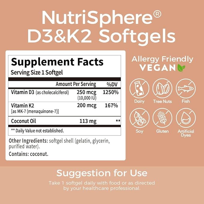 NutriSphere Vitamin D3 &amp K2 (MK-7) - 10000 IU + 200 mcg Supplement D&ampK Easy to Swallow Supports Calcium Absorption - 365 Softgels (1 Year Supply)