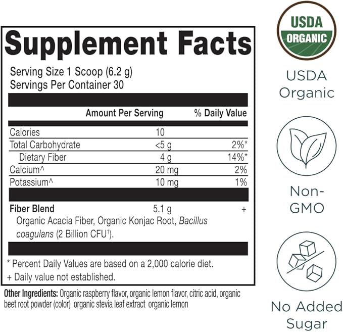 Ancient Nutrition Organic Fiber Powder Raspberry Lemonade Soluble Fiber from Acacia &amp Konjac Root Supports Digestive Health Reduces Bloating 6.5 oz