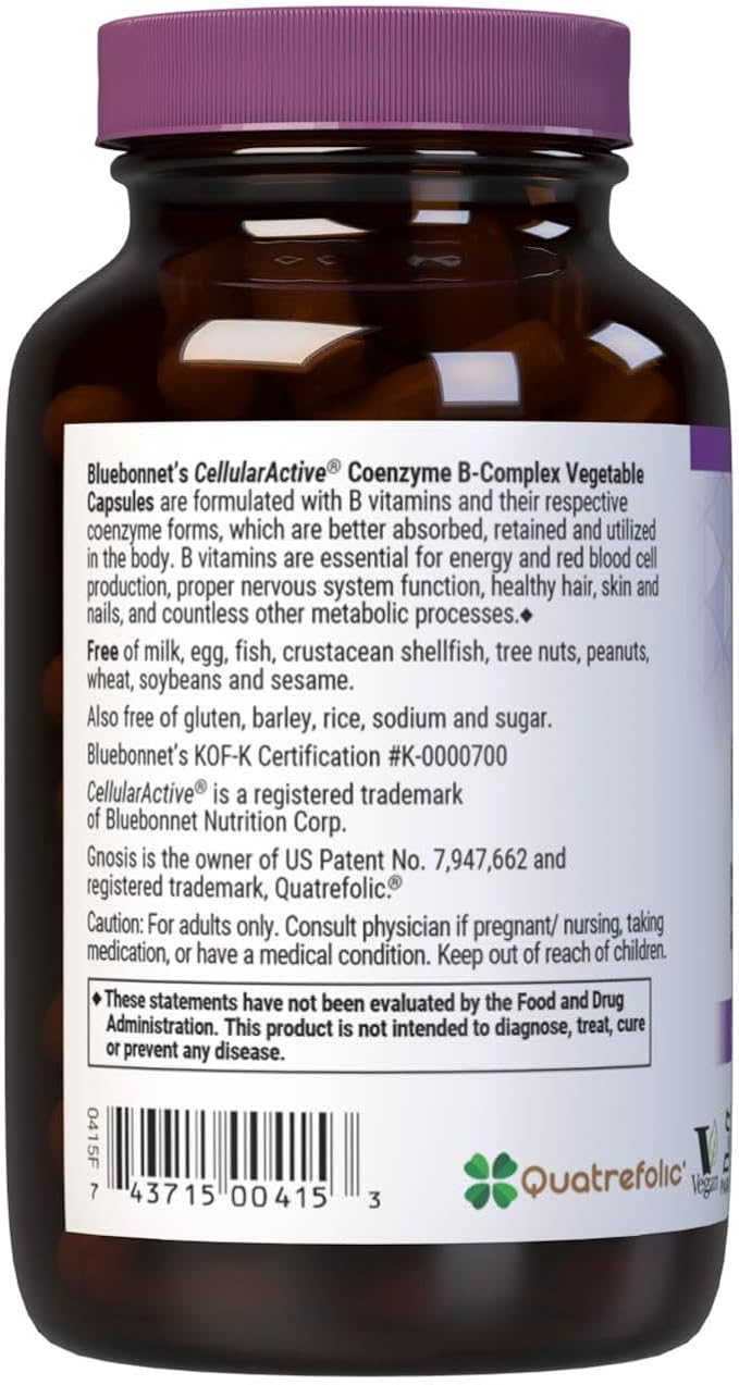 Bluebonnet Nutrition Cellular Active Coenzyme B-Complex Energy Production &amp Nerve Support* Vegan Kosher Certified Gluten-Free Soy-Free Dairy-Free 100 Vegetable Capsules 100 Servings