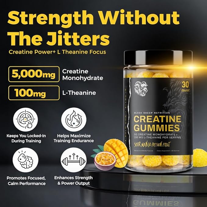 Creatine Monohydrate Gummies for Men and Women 5g Creatine + L-Theanine for Muscle Growth Strength Focus &amp Energy Vegan Non GMO Gluten Free (120 Count 30 Servings)