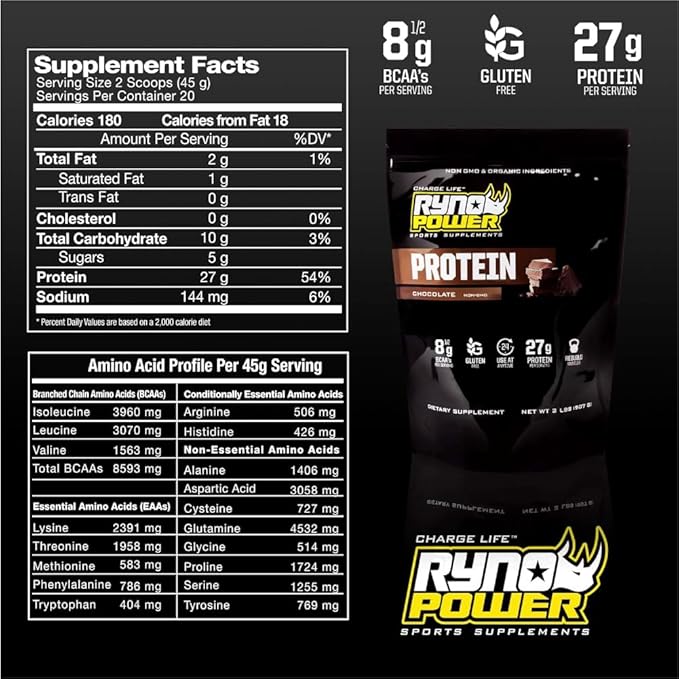 Ryno Power All Natural Whey Protein 2lb (20 Servings) 'Chocolate' - 100% Whey Protein Blend &amp No Fillers - Non GMO