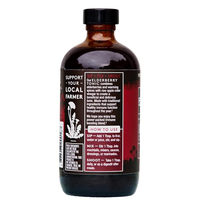 Herbal Revolution Elderberry Tonic - Certified Organic Non-GMO Apple Cider Vinegar Infused with Cinnamon Bark Raw Honey Ginger &amp More - Made Using Regenerative Farming Practices - 8 Oz