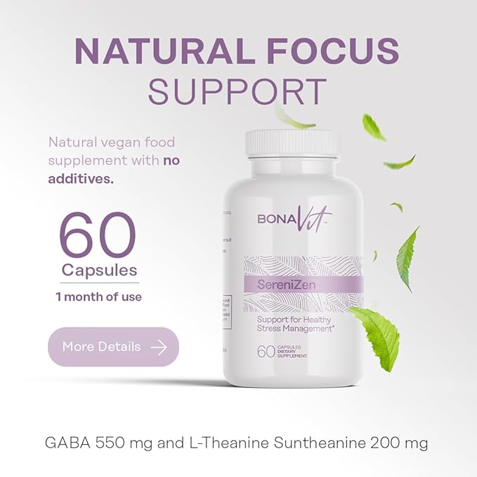 Natural Anti-Stress Dietary Supplement - 60 Capsules - GABA 550 mg and L-Theanine Suntheanine 200 mg - No Stimulants or Additives - Vegan and Non-GMO SereniZen