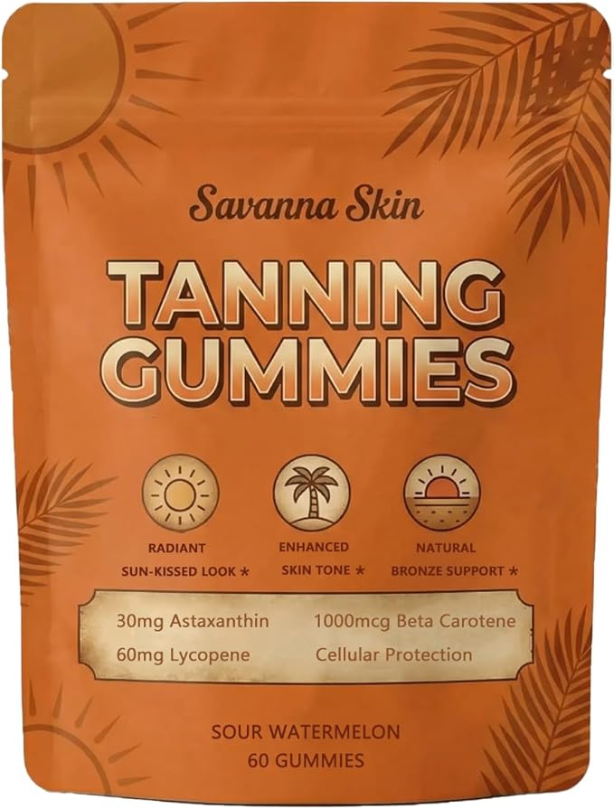 Savanna Skin Tanning Gummies– Premium Astaxanthin &amp Lycopene Formula – Hydration for Natural Looking Glow Bronzing– Watermelon Flavored Vegan Sugar Free – 60 Count