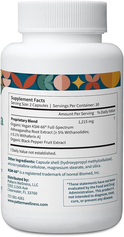 Pattern Wellness Ashwagandha Complex for Men &amp Women – Organic KSM-66® &amp Black Pepper Extract – Supports Stress Response &amp Energy Balance – Non-GMO – 120 Vegan Capsules