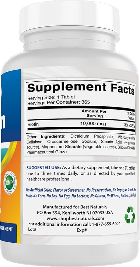 Best Naturals Biotin (Also Called Vitamin B7) 10000 mcg 365 Tablets (365 Count (Pack of 2))