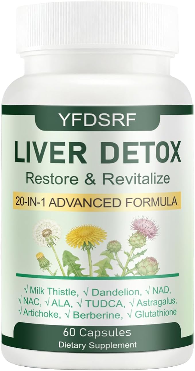 Liver Detox Capsules - 20-in-1 Herbal Supplement with Milk Thistle Turmeric Artichoke &amp Dandelion Root for Liver Cleanse Fatty Liver Support &amp Digestive Balance Vegan Formula 60 Capsules