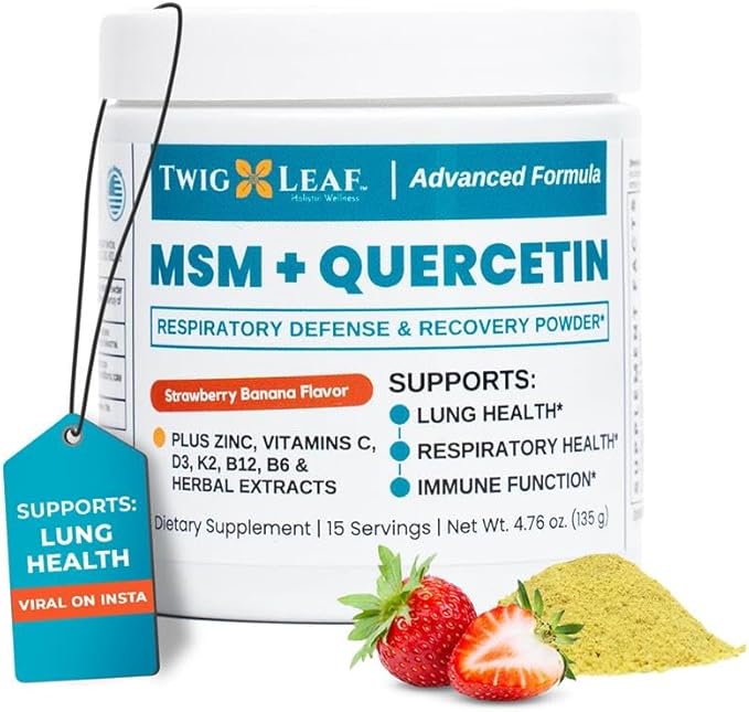 Twig &amp Leaf MSM + Quercetin Powder with Vitamin C &amp Zinc (Strawberry Banana) - Immune System Support Supplement for Respiratory Health &amp Lung Function - Natural Defense &amp Recovery Comp