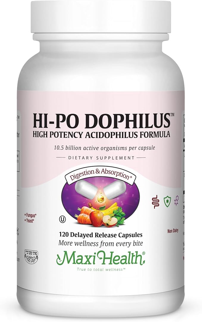 Maxi Health Hi-Po Dophilus Probiotics for Digestive Health &amp Immune Support – Probiotics for Women and Men with 10.5 Billion CFU – Kosher Vegan Non-Dairy 120 Capsules
