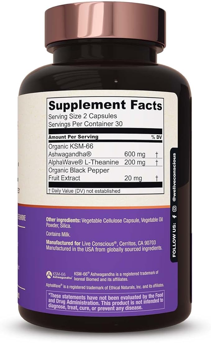 Live Conscious KSM-66 Ashwagandha Supplement w/L Theanine &amp AlphaWave - ZenWell Everyday Stress Relief Cognitive Brain Health - Ashwagandha for Men &amp Women - 60 Capsules (2-Pack)