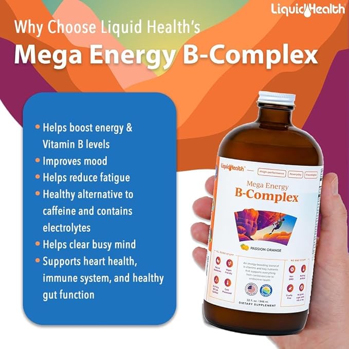 LIQUIDHEALTH Adult Focus &amp Energy Liquid Vitamin Bundle with Mega Energy B-Complex USDA Organic Methyl B12 Drops Neurologic Nootropic Focus Supplement - Boost Energy Mood - USA Made Vegan Non