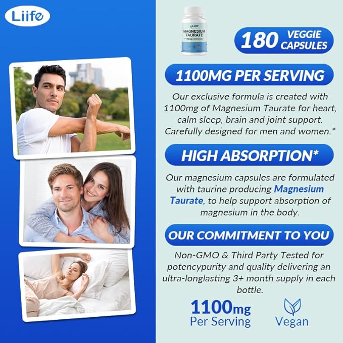 LIIFE Magnesium Taurate 1100mg -180 Vegetarian Capsules-200MG Elemental Magnesium Per Serving - Supports restful Sleep &amp Helps Maintain Healthy Muscle Function