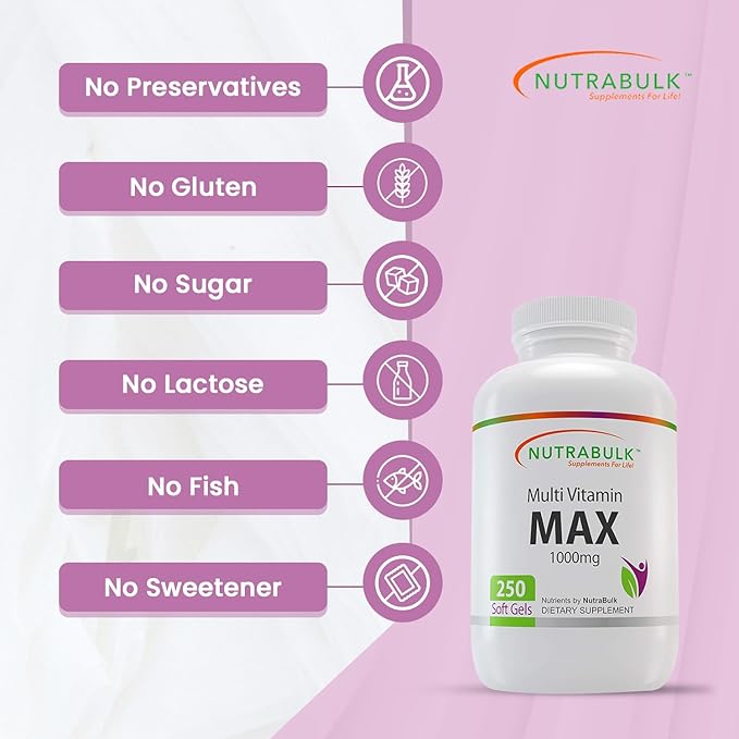 NutraBulk Multi-Vitamin MAX Well Absorbed Soft Gels - Potentially Supports Overall Wellbeing &amp Immune Boosts Energy &amp Metabolism - Complete Daily Nutrition- 1000mg 250 Soft Gels