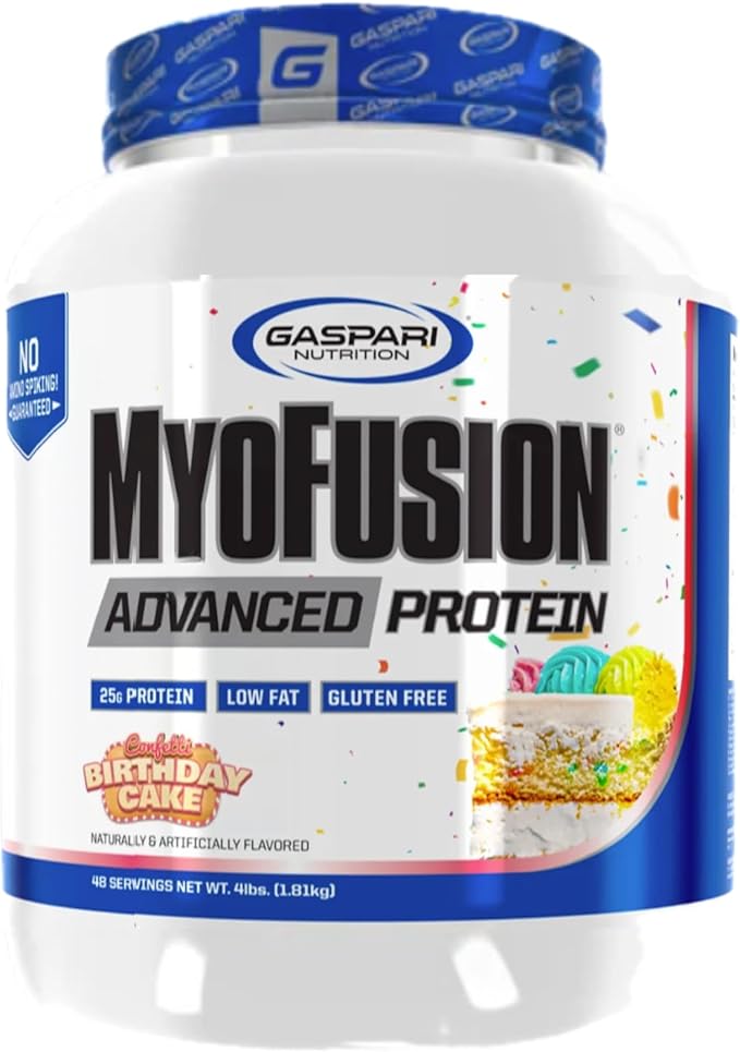 Gaspari Nutrition Myofusion Advanced Protein Protein Blend with Whey Protein Casein Protein and Isolate Protein Low Fat and Gluten Free (Birthday Cake 4 Pound)