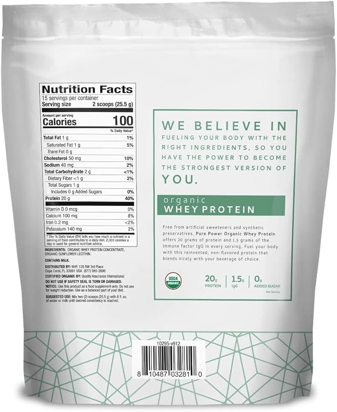 Dr. Mercola Pure Power Organic Whey Protein - 20 g Protein - Supports Muscle Growth &amp Energy - Grass-Fed Whey Concentrate - 15 Servings (20.60 oz) - Original (Pack of 2)