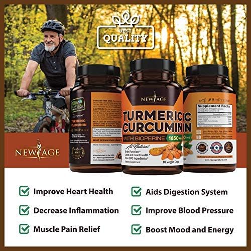 NEW AGE Turmeric Curcumin with Bioperine Capsules - Natural Joint &amp Healthy Support with 95% Standardized Curcuminoids for Potency &amp Absorption - Non-GMO Gluten Free (90 Count (Pack of 1))