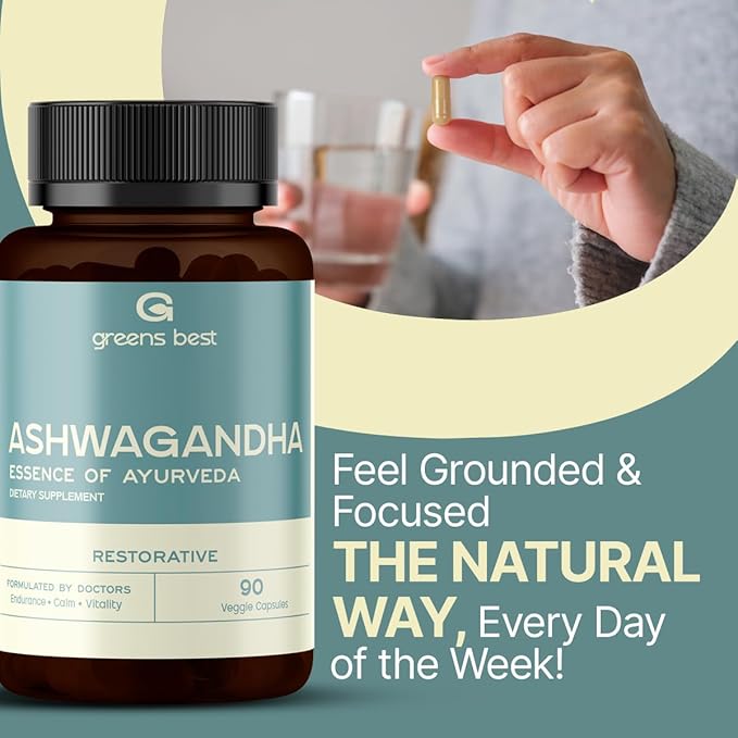 GREEN'S BEST Ashwagandha Capsules – Stress &amp Mood Support Energy &amp Relaxation – Organic Adaptogen Supplement for Calm &amp Focus – 90 Vegan Capsules
