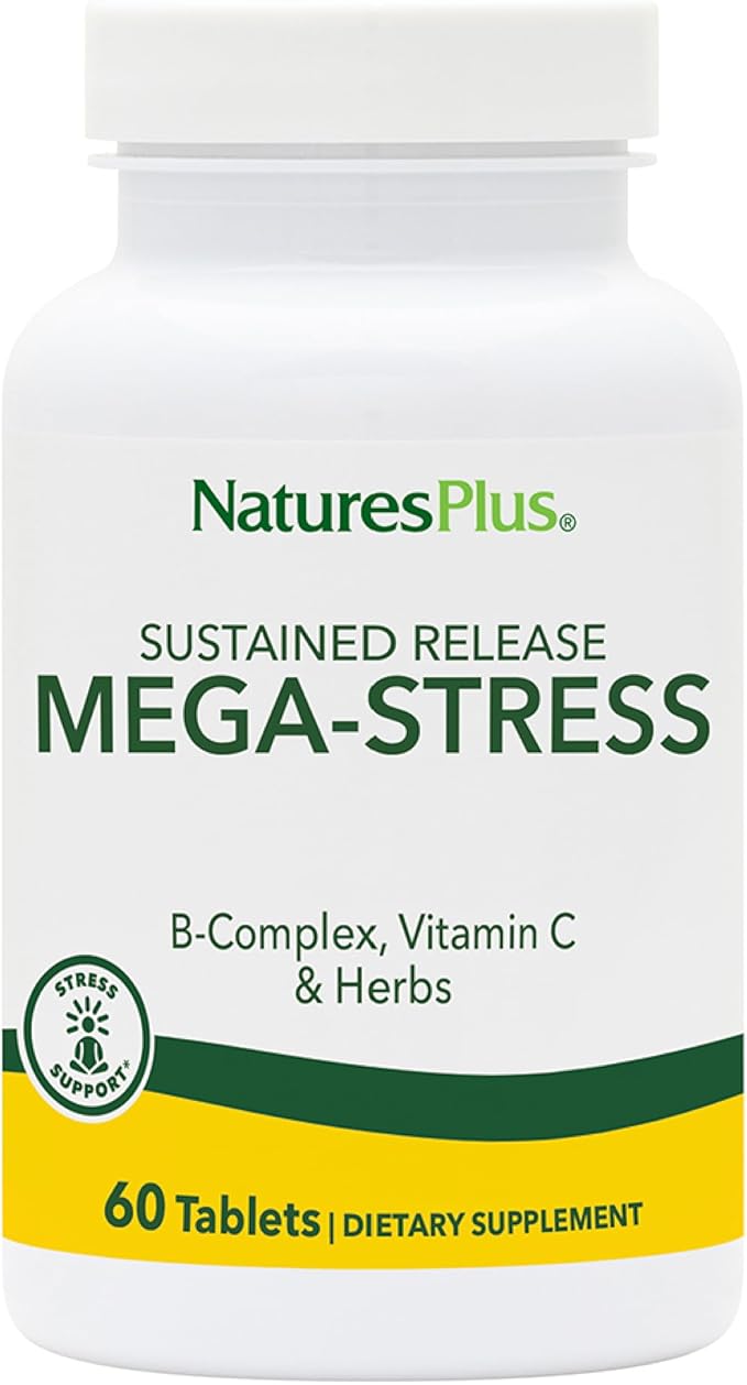 NaturesPlus Mega-Stress Complex - 60 Sustained Release Tablets - B Complex Vitamin C Supplement with Chamomile &amp Herbs for Natural Calm - Gluten Free - 60 Servings