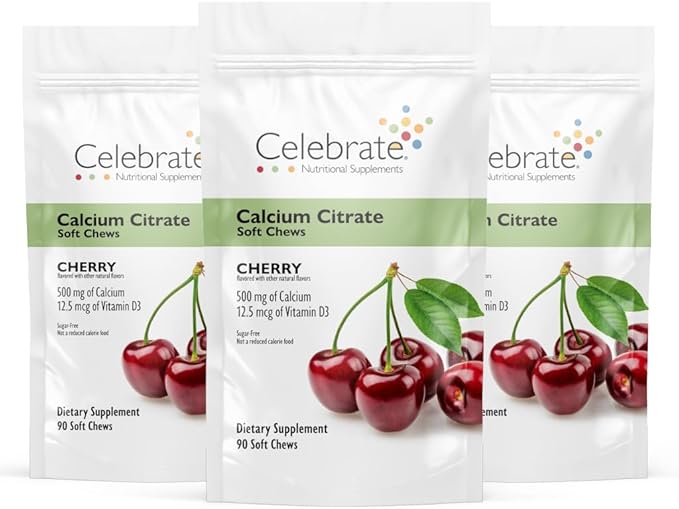 Celebrate Vitamins Bariatric 500mg Calcium Citrate Soft Chews with 500 IU Vitamin D3 – Essential for Gastric Bypass Patients &amp Bone Health - Sugar &amp Gluten Free Cherry (270 Chews)