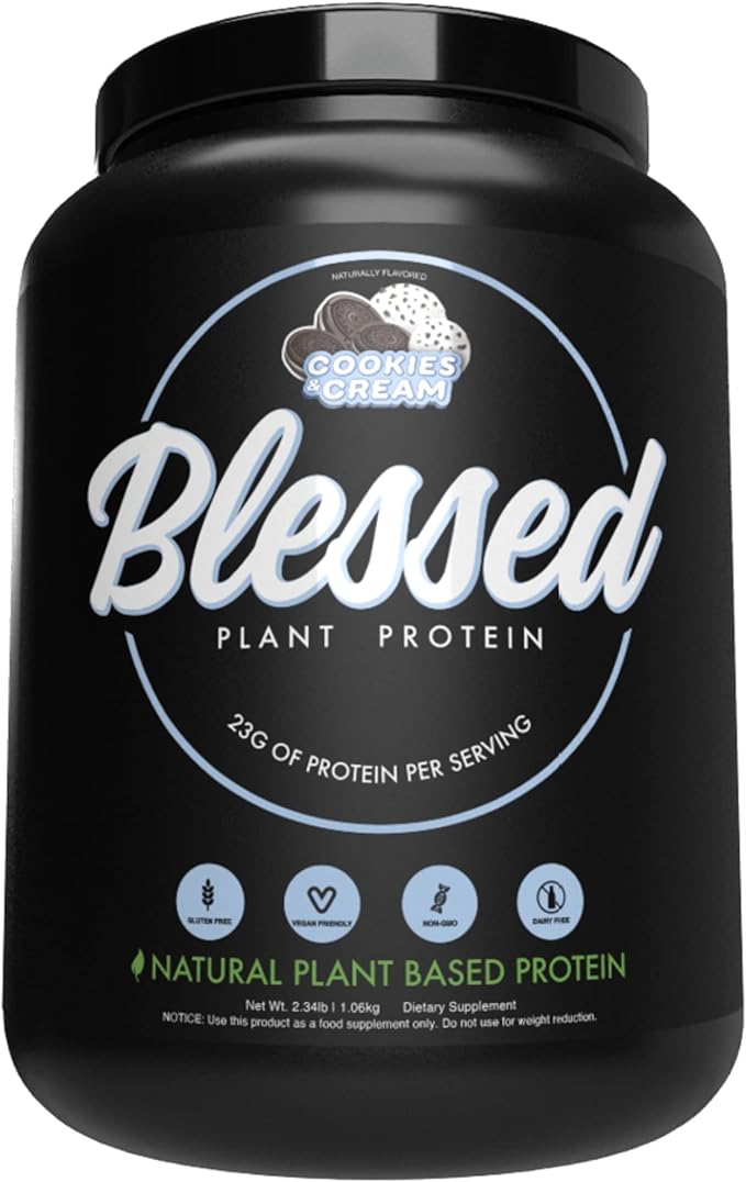 BLESSED Vegan Protein Powder - Plant Based Protein Powder Meal Replacement Protein Shake 23g of Pea Protein Powder Dairy Free Gluten Free Soy Free No Sugar Added 30 Servings (Cookies &amp Cream