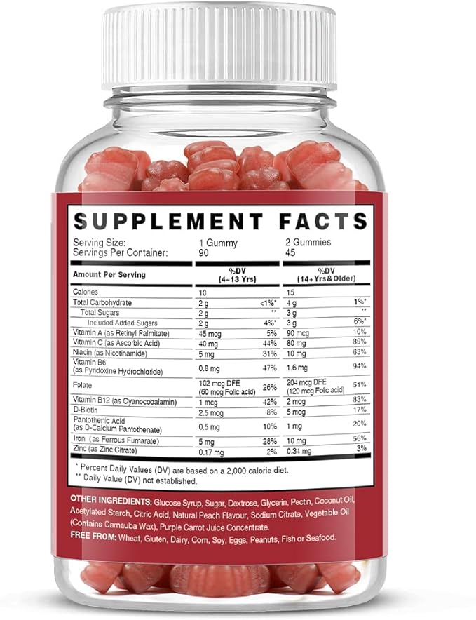 Vegan Iron Gummies Supplement - Multivitamin Supplement with Vitamin C A B &amp Zinc - Health Blood &amp Energy Support for Iron Deficiency Anemia No After Taste - Peach Flavor（2 Packs）