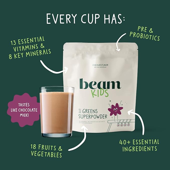Beam Kids Multivitamin Powder – Kids Vitamins with Greens Probiotic &amp Prebiotic Immune Support for Children &amp Toddlers No Artificial Sweeteners for Picky Eaters 20 Servings Chocolate Fla