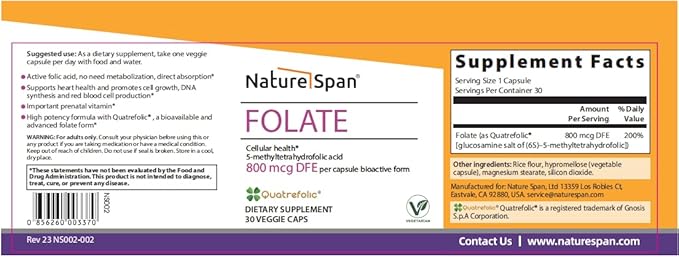 Active 6S-5-methyltetrahydrofolic Acid 800 mcg30 Capsules