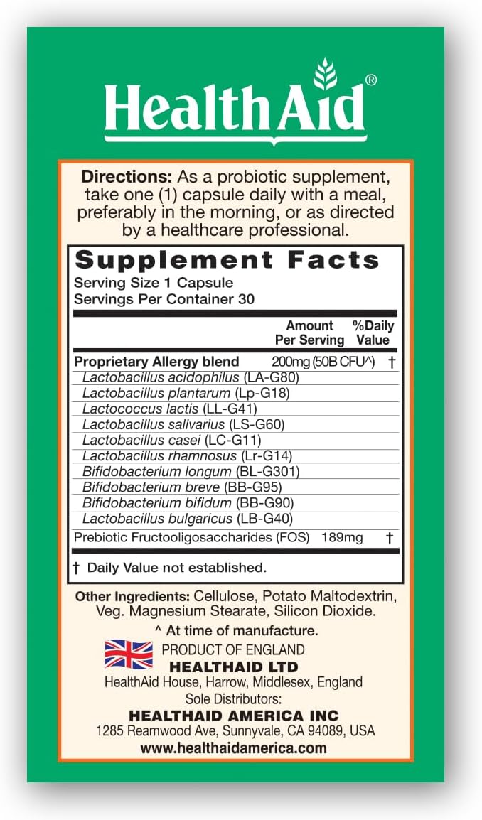 HealthAid AllergyProbio 50 Billion CFU Vegan Probiotic with Prebiotic 30 Capsules Once Daily Seasonal Allergy Support
