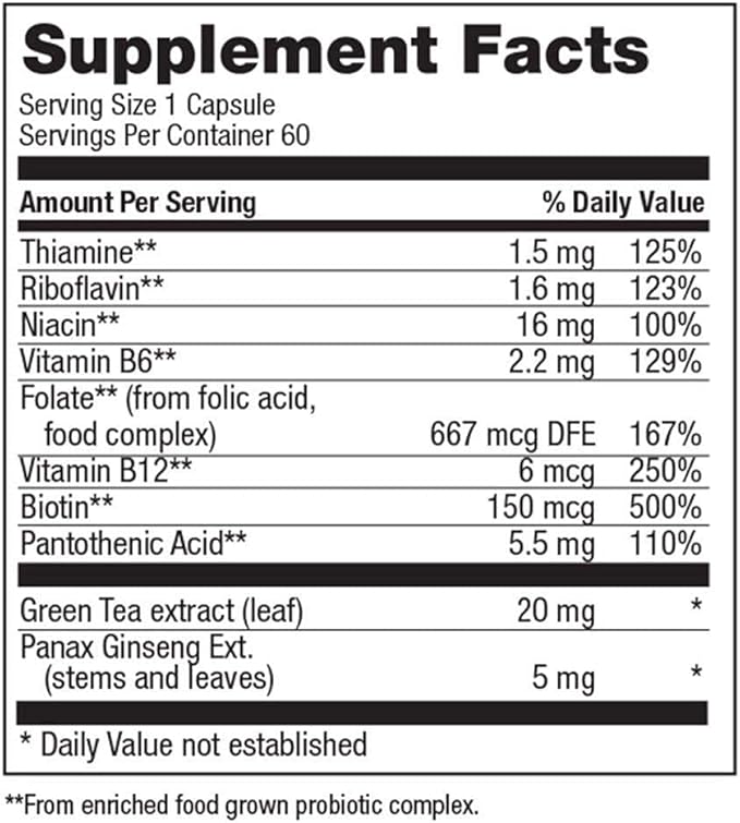 A Whole Food B Complex Vitamins - Cognitive Health Migraine Relief Thiamin Riboflavin Niacin Vitamin B12 and Green Tea Extract -Supplement for Energy and Stress - 180 Tablet