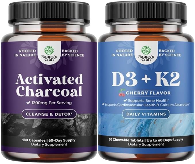 Bundle of Activated Charcoal Pills Detox &amp Cleanse - Purifying Coconut Capsules with 1200 mg Per Serving for Bloating Relief and Vitamin D3 with K2 MK7 Supplement for Immune Support and Bone Healt