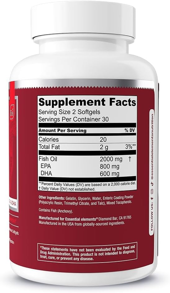 Essential Elements Omega-3 Fish Oil Supplement with EPA &amp DHA | Fatty Acids for Immune Heart &amp Cognitive Support | 60 Softgels