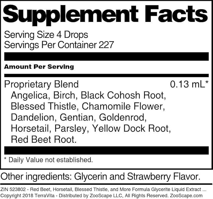 Terravita Red Beet Horsetail Blessed Thistle and More Formula Glycerite Liquid Extract (1:5) - Strawberry Flavored (1 oz ZIN: 523802)