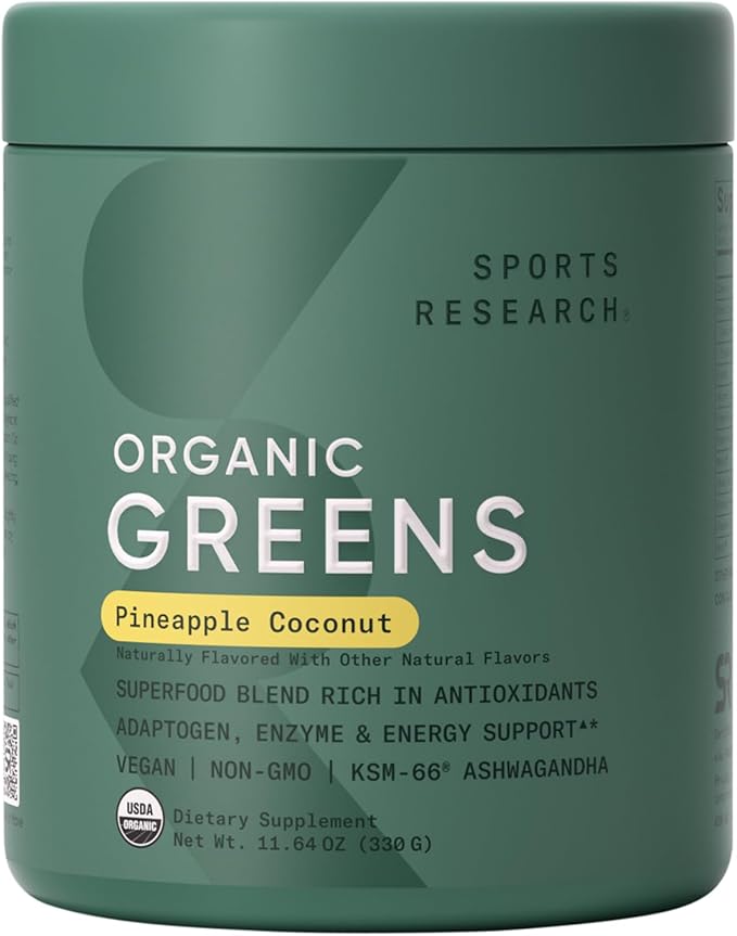 Sports Research® Organic Greens Superfood Powder w/Spirulina &amp Chlorella Adaptogens Enzymes Probiotics 8 VIT Bs D3 5000iu with Vitamin K2 100mg and Creatine Monohydrate