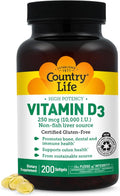 Country Life Vitamin D3 10000 IU – High Potency Non-Fish Source – Bone &amp Immune Support – Certified Gluten-Free – 200 Softgels