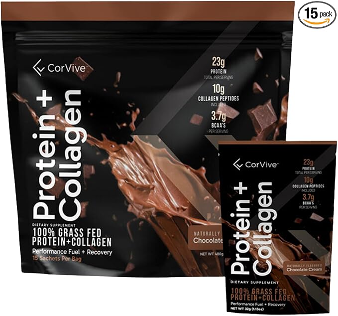 Protein + Collagen Powder | 23g Protein (Grass-Fed Whey + Collagen) | 3.7g BCAAs | Supports Muscle &amp Joint Health | Gluten &amp Soy Free | No Artificial Ingredients | 15 Sachets - Chocolate