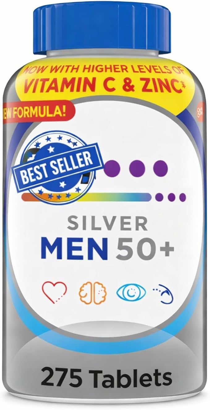 Silver Men’s 50+ Plus Daily Multivitamin – Multimineral Supplement with Vitamin D3 Zinc B Vitamins &amp Antioxidants Supports Heart Muscle &amp Immune Health – 275 Tablets