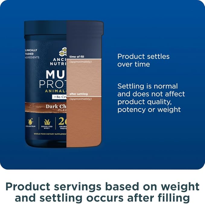 Ancient Nutrition Multi Protein Animal Based Powder + Creatine 26g Protein Grass Fed Whey Bone Broth Collagen Peptides 5g Creatine Monohydrate Colostrum &amp Probiotics Dark Chocolate 15 Serv