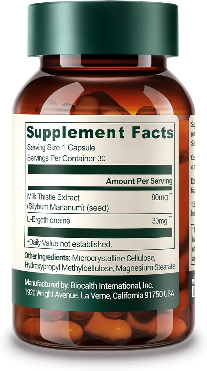 Clinically Studied L-Ergothioneine + Milk Thistle Supplement – Advanced Cellular and Liver Health Support – 30mg 99.99% Ultra-Pure Ergothioneine – Vegan Non-GMO 30 Count