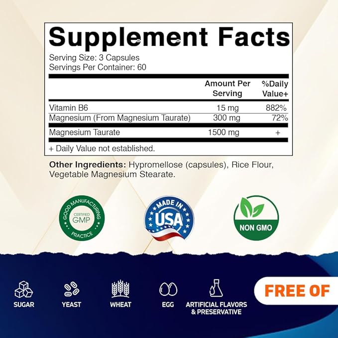 Vitamatic 2 Pack - Magnesium Taurate 1500mg per serving - 180 Vegetarian Capsules (Provides 300 mg of Elemental Magnesium) - Added B6 for Maximum Absorption - Supports Muscle Joint and Heart Health*