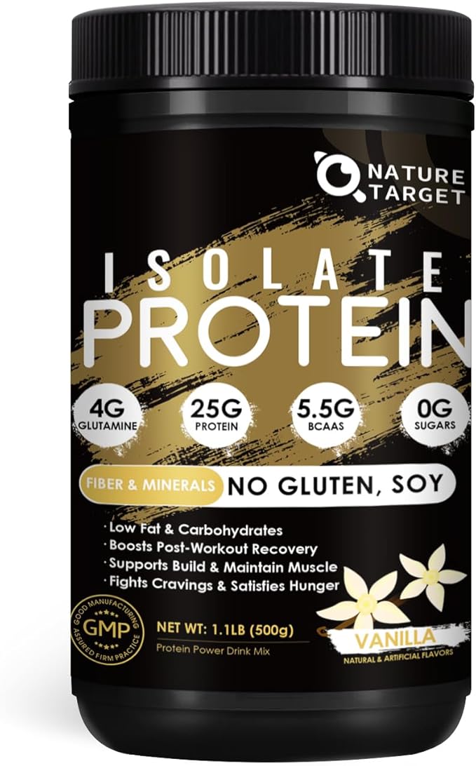 NATURE TARGET Isolate Whey Protein Powder Vanilla 25g Protein Low Carb Sugar-Free &amp Gluten-Free 5.5g BCAAs Rich in Fibers &amp Minerals 1.1 Pound 16 Servings