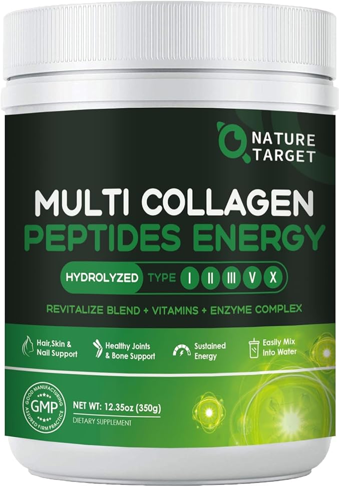 NATURE TARGET Multi-Collagen-Peptides-Powder - Hydrolyzed Collagen with Energy Blend + Multivitamin &amp Minerals Supports Energy Skin Hair Nail &amp Joint Non-GMO 35 Servings