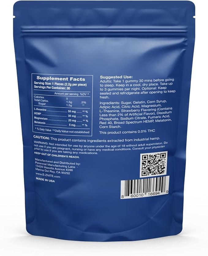 Hemp + Melatonin Sleep Gummies (30 Count) - Stay Asleep Longer with L-Theanine and Magnesium - Non-Habit Forming Non-GMO Gluten-Free - Strawberry Flavor