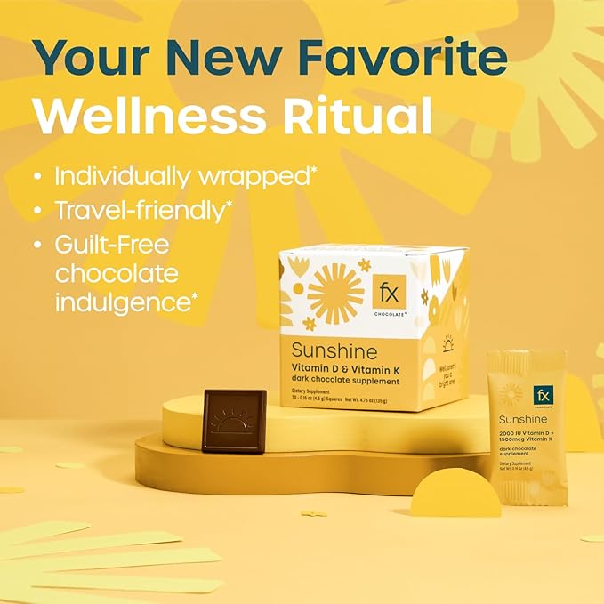 Fx Chocolate Sunshine - Vitamin D Sugar Free Chocolate for Mood Immune &amp Bone Support - 2000 IU D3 with Vitamin K Keto (30 Pieces)