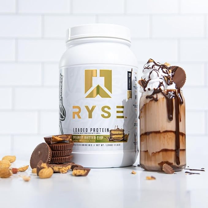 RYSE Loaded Protein Powder - Peanut Butter Cup - 25g Whey Protein Isolate &amp Concentrate with Prebiotic Fiber &amp MCTs - Low Carb Low Sugar Digestive-Friendly - 54 Servings / 4 lb Tub